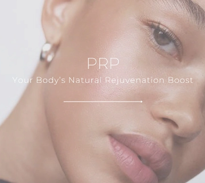 Close-up of radiant cheek skin with text 'PRP Your Body's Natural Rejuvenation Boost