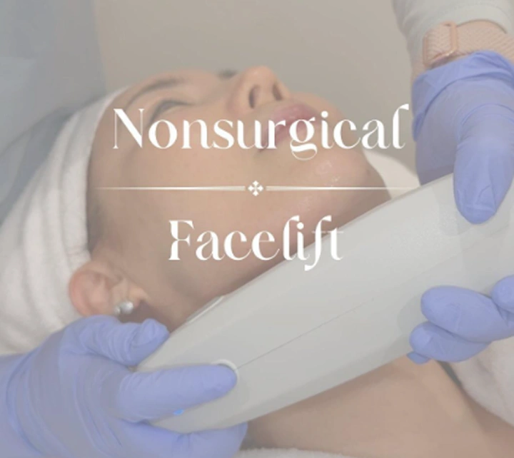 Client receiving non-surgical facelift treatment overlay with text 'Nonsurgical Facelift