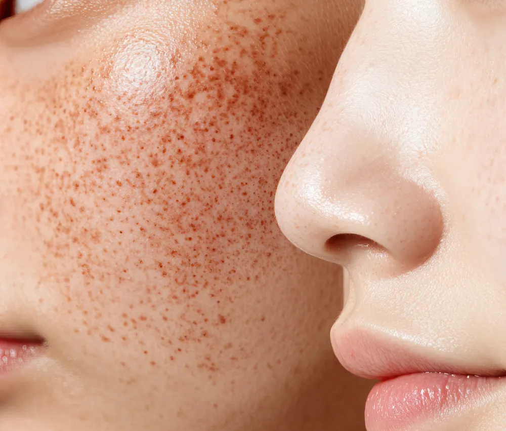 Close-up of facial skin displaying red patches and skin inflammation