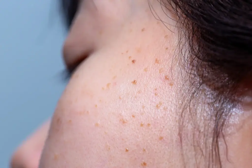 Close-up view of neck skin showing small seborrheic keratosis lesions