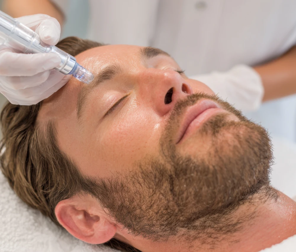 Close-up of a male client receiving a microneedling skincare treatment in Brea