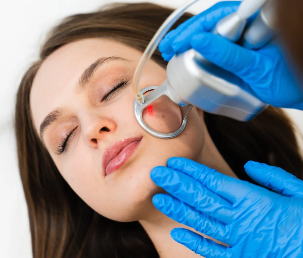 Aesthetician applying Picoway Pro Plus laser handpiece to client's forehead for acne scar removal