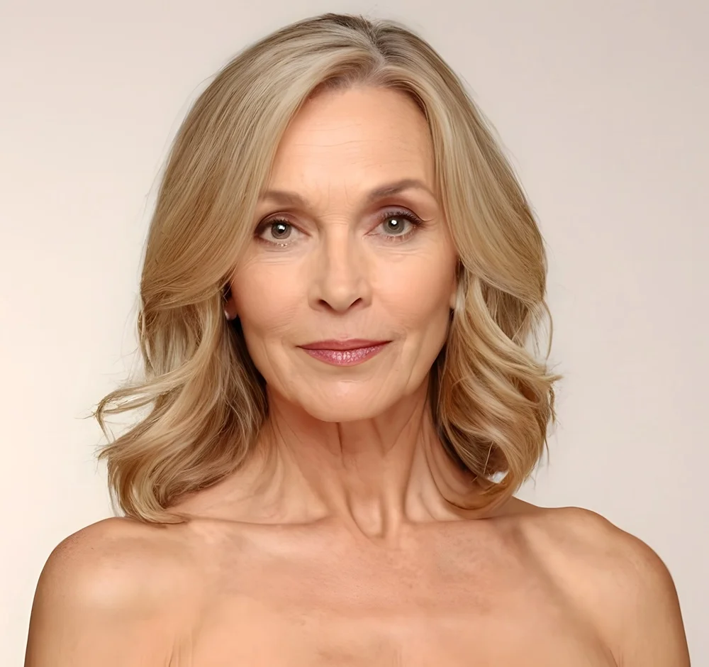 Elegant mature blonde woman smiling softly with clear, healthy skin